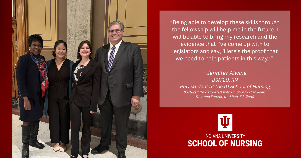 Graphic including a photo of Dr. Sharron Crowder, Dr. Anna Forster, Jennifer Alwine, Rep. Ed Clere, a quote from the article, and the IU School of Nursing logo