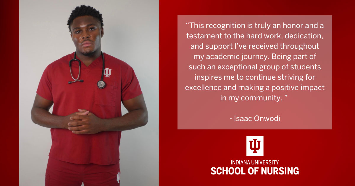 Graphic including image of Isaac Onwodi, a quote from the article, and the IU School of Nursing logo