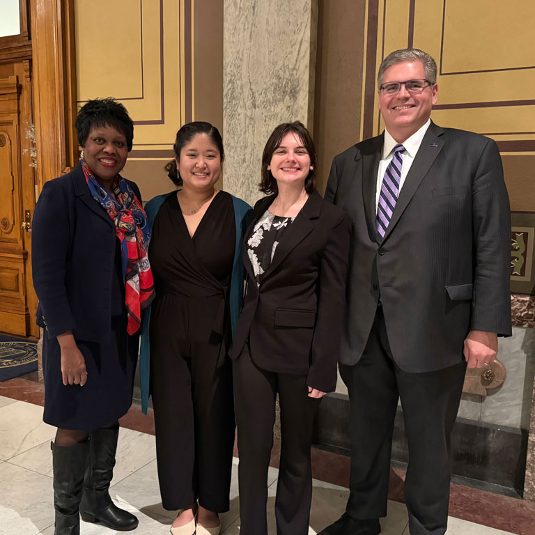 Photo of Dr. Sharron Crowder, Dr. Anna Forster, Jennifer Alwine, and Rep. Ed Clere at the Indiana Statehouse