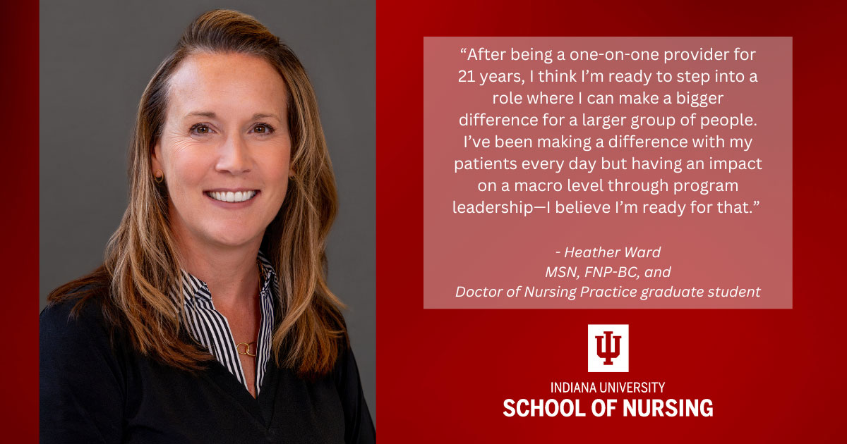 Graphic including photo of Heather Ward, quote from the article, and the IU School of Nursing logo